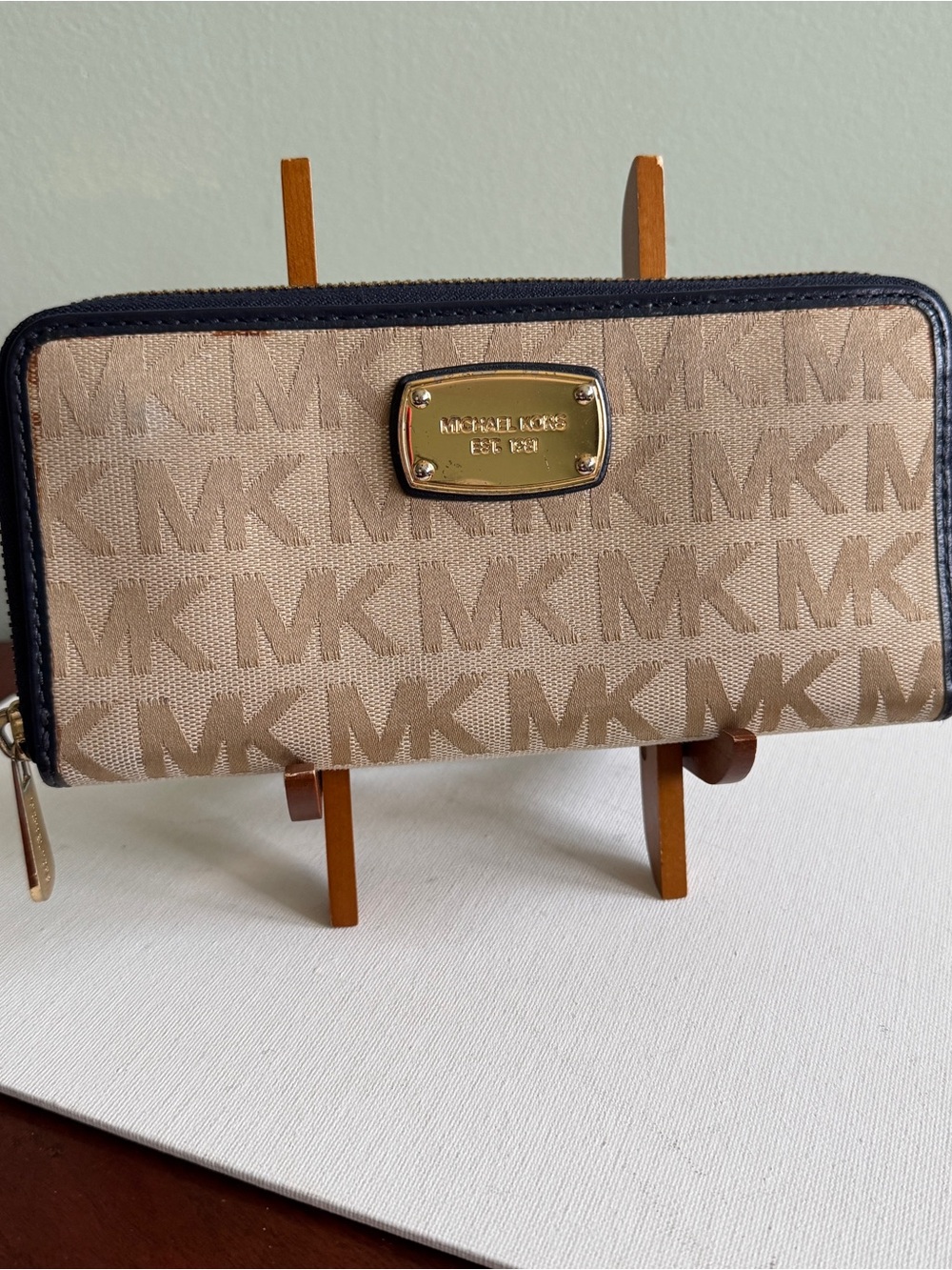 Michael Kors Tan MK Canvas Signature Zip Wallet with Navy Blue Leather Trim